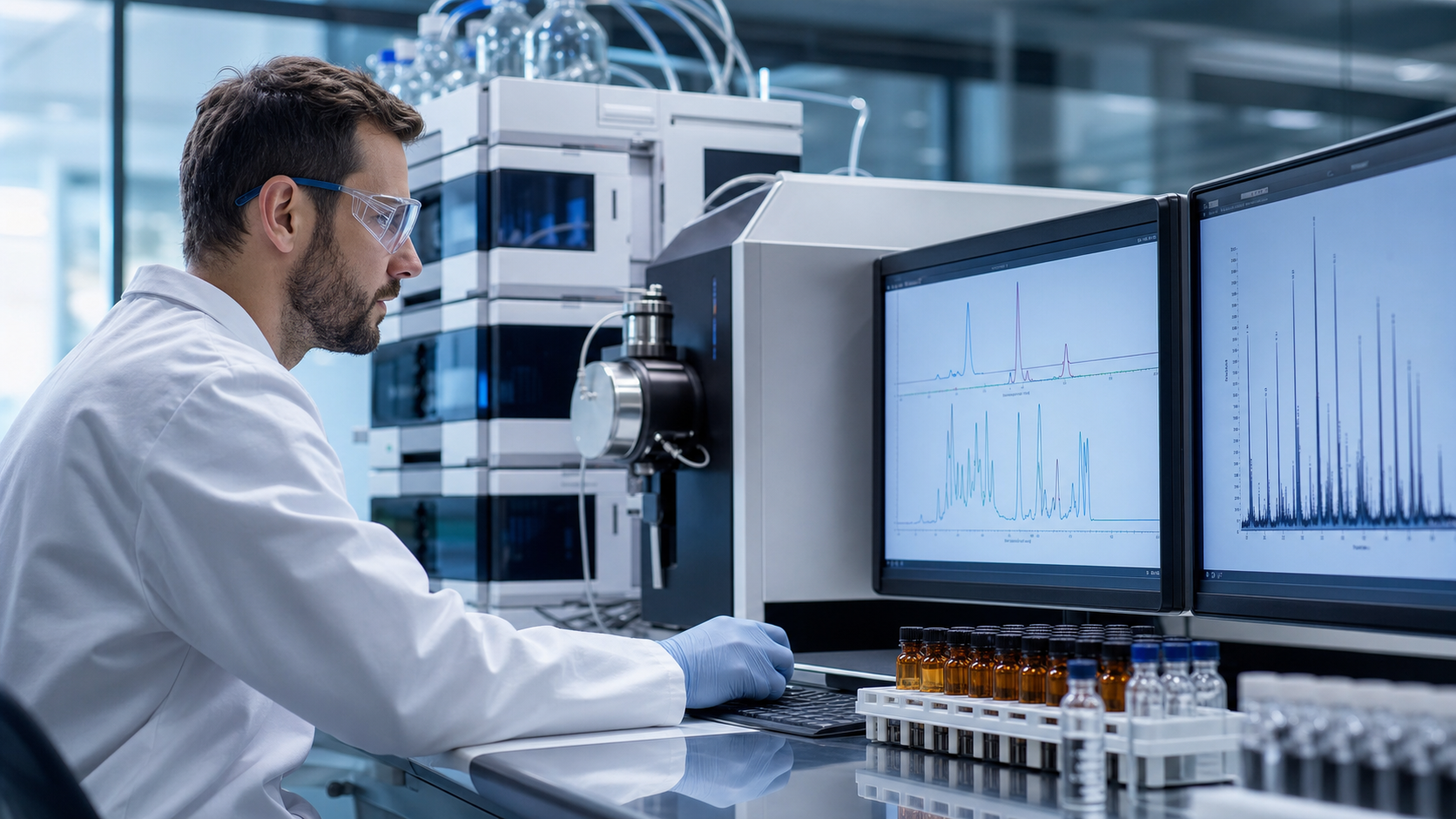 Scientist reviewing HPLC and mass spectrometry data in a peptide analytical laboratory