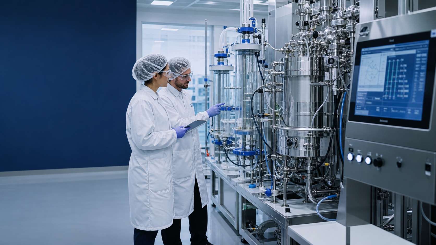Scientists working with peptide process-development equipment